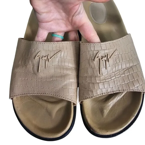 Giuseppe Zanotti Mens Tan Croc Embossed Slides 10 Sandals Made In Italy Designer