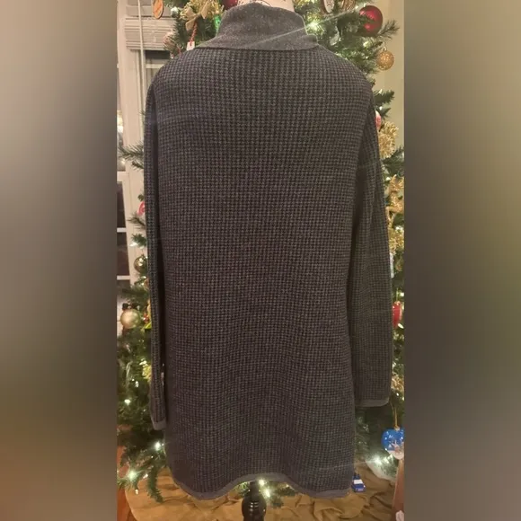 Gray Black Houndstooth Orvis Soft Wool Open Front Cardigan Sweater Longer Large
