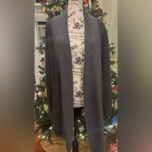 Gray Black Houndstooth Orvis Soft Wool Open Front Cardigan Sweater Longer Large