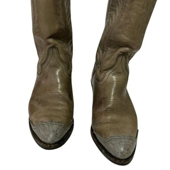 Green Western Cowboy Boots Distressed Leather Ranch Riding Boots, Size 9.