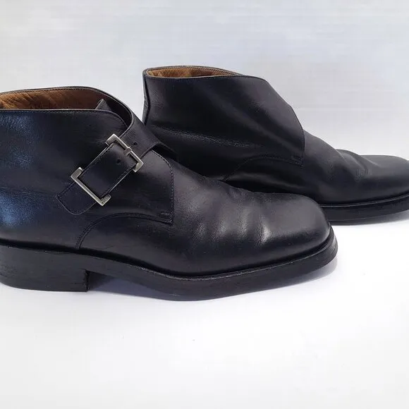 Gucci 40E US 7.5 Wide Flat Ankle Boots Black Leather Monk Strap