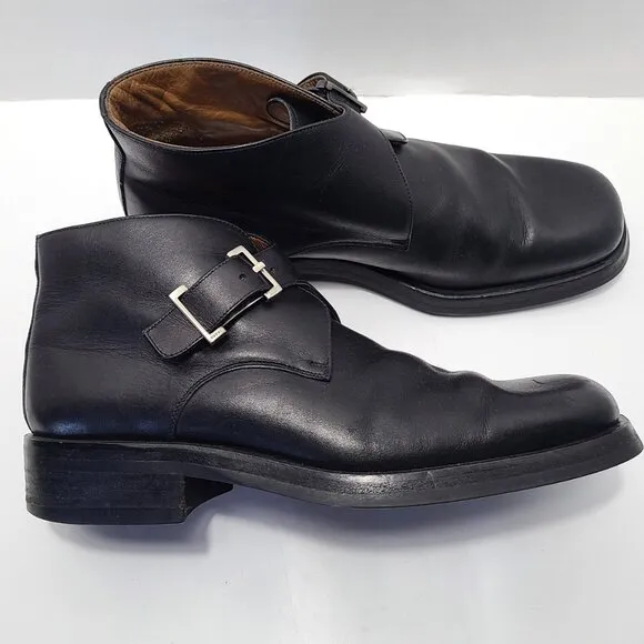 Gucci 40E US 7.5 Wide Flat Ankle Boots Black Leather Monk Strap