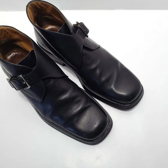 Gucci 40E US 7.5 Wide Flat Ankle Boots Black Leather Monk Strap