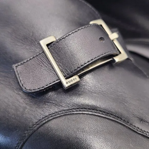 Gucci 40E US 7.5 Wide Flat Ankle Boots Black Leather Monk Strap