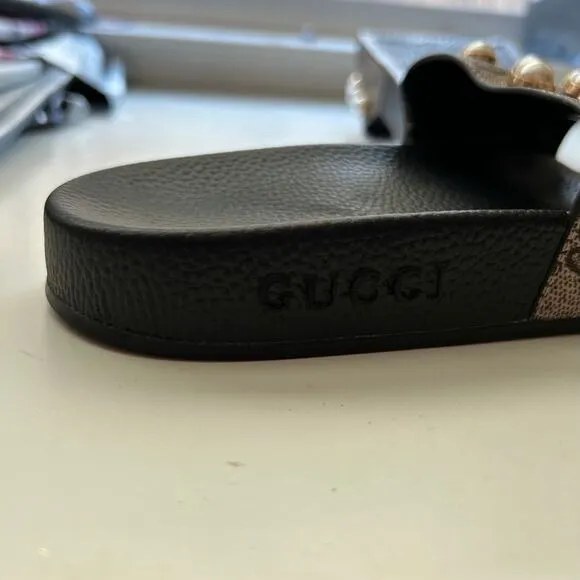 Gucci GG Supreme Monogram Pearl Slide Designer Sandals Womens 37 US 7 Tan Black