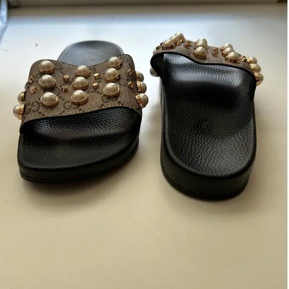 Gucci GG Supreme Monogram Pearl Slide Designer Sandals Womens 37 US 7 Tan Black