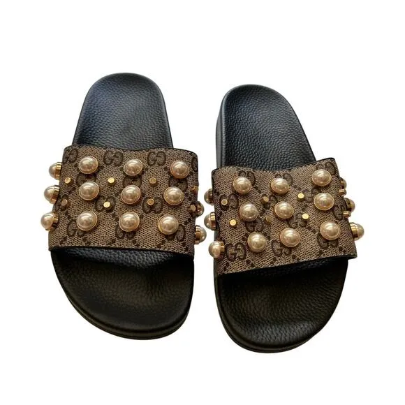 Gucci GG Supreme Monogram Pearl Slide Designer Sandals Womens 37 US 7 Tan Black