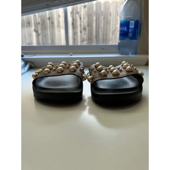 Gucci GG Supreme Monogram Pearl Slide Designer Sandals Womens 37 US 7 Tan Black