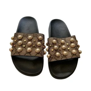 Gucci GG Supreme Monogram Pearl Slide Designer Sandals Womens 37 US 7 Tan Black