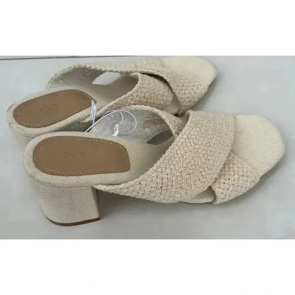 H&amp;M Womens Square Toe Crossover Block Heels Crochet Mules Sandal Beige Sz 8