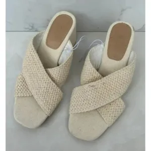 H&amp;M Womens Square Toe Crossover Block Heels Crochet Mules Sandal Beige Sz 8