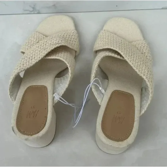 H&amp;M Womens Square Toe Crossover Block Heels Crochet Mules Sandal Beige Sz 8