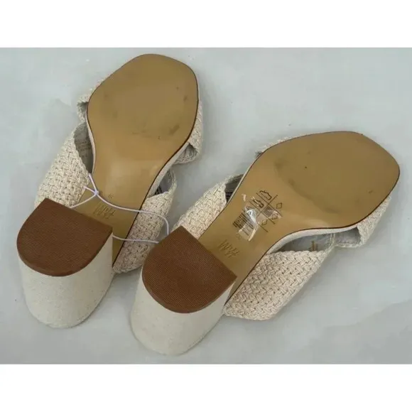 H&amp;M Womens Square Toe Crossover Block Heels Crochet Mules Sandal Beige Sz 8