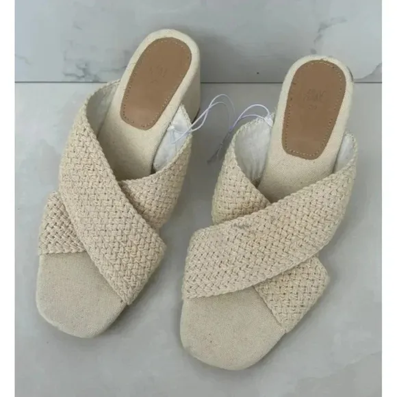H&amp;M Womens Square Toe Crossover Block Heels Crochet Mules Sandal Beige Sz 8