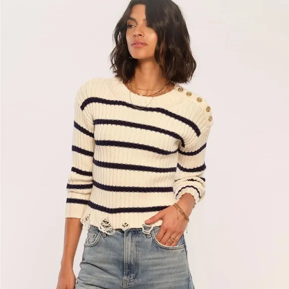 Heartloom Jace Cream &amp; Blue Striped Sweater with Gold Button Accents, Small