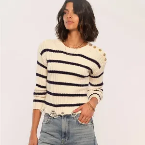 Heartloom Jace Cream &amp; Blue Striped Sweater with Gold Button Accents, Small