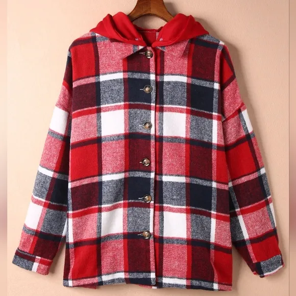 Highland Plaid Button-Up Jacket - Deep Red