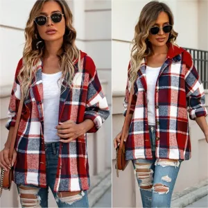 Highland Plaid Button-Up Jacket - Deep Red