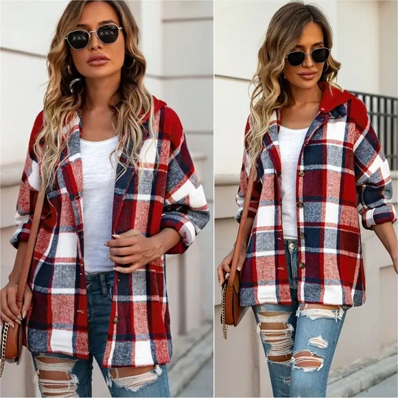 Highland Plaid Button-Up Jacket - Deep Red