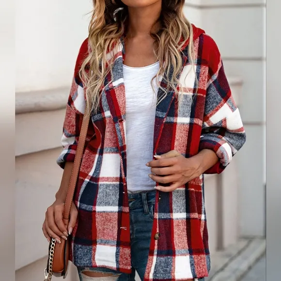 Highland Plaid Button-Up Jacket - Deep Red