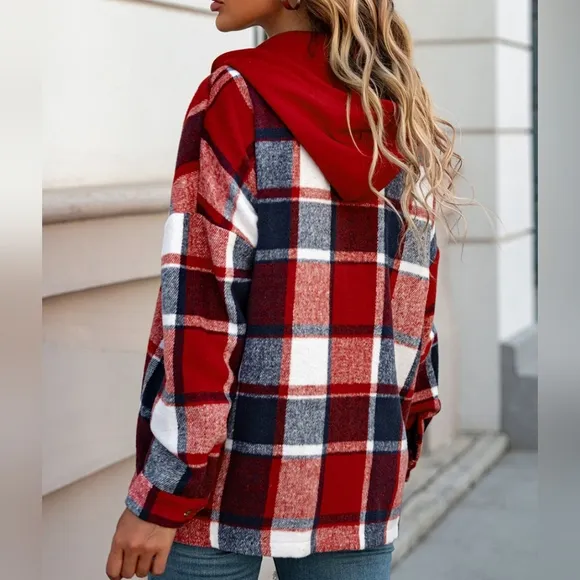 Highland Plaid Button-Up Jacket - Deep Red