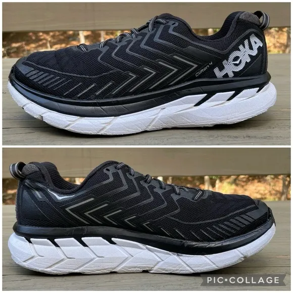 Hoka One One Clifton 4 in black and white running shoes size 9