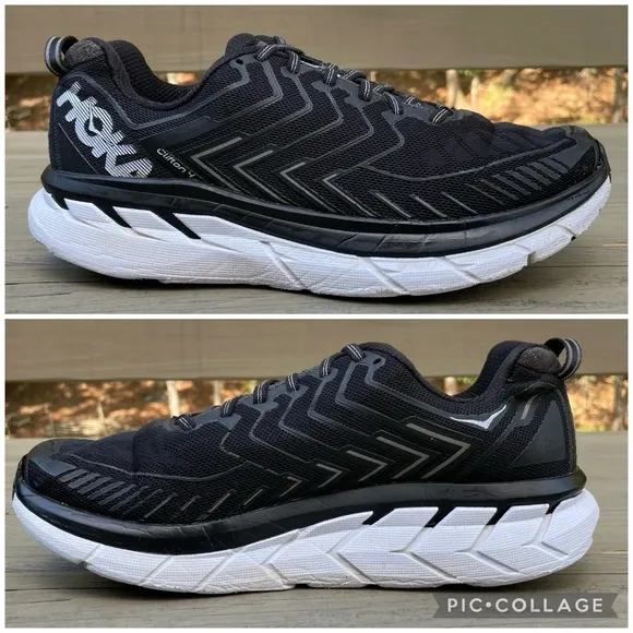 Hoka One One Clifton 4 in black and white running shoes size 9