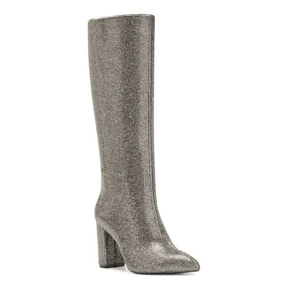 INC Womens Silver Rhinestone Pointed Toe Block Heel Zip-Up Heeled Boots 5.5