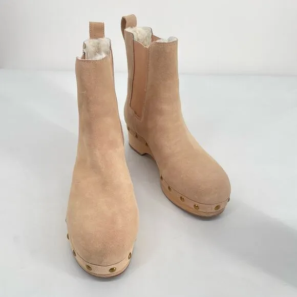 J. Crew Women's Leather Tan Faux Fur Lined Chelsea Clog Studded Boot Size 8