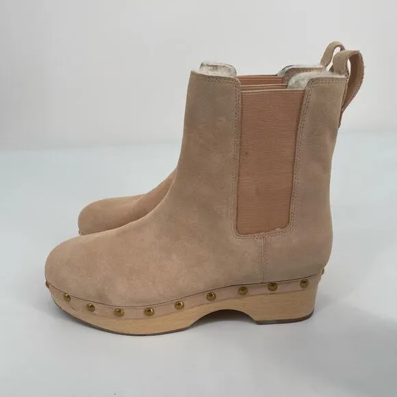J. Crew Women's Leather Tan Faux Fur Lined Chelsea Clog Studded Boot Size 8