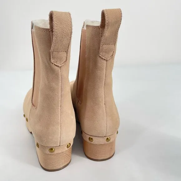 J. Crew Women's Leather Tan Faux Fur Lined Chelsea Clog Studded Boot Size 8