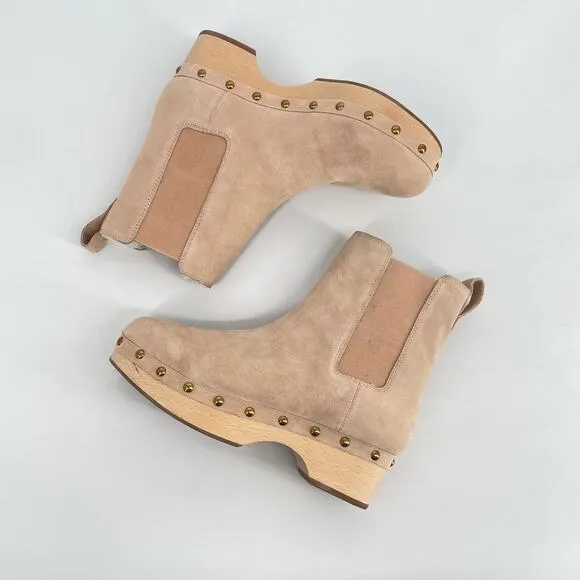 J. Crew Women's Leather Tan Faux Fur Lined Chelsea Clog Studded Boot Size 8