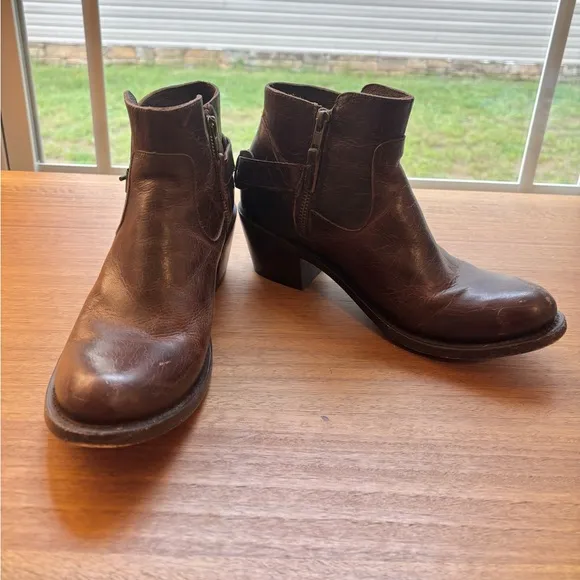 J.B. Dillon Brown Leather Western Ankle Boots with Buckle Detail Moto biker