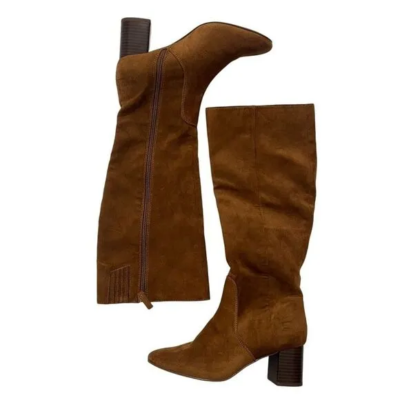 J. Crew Womens Brown Knee High Heeled Suede Boots Sz 7 Block Heel Warm Brandy