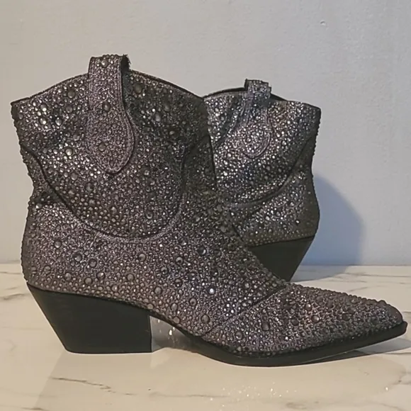 Jessica Simpson Tamira Crystal Glitter Embellished Western Ankle Boots Wmns 8.5