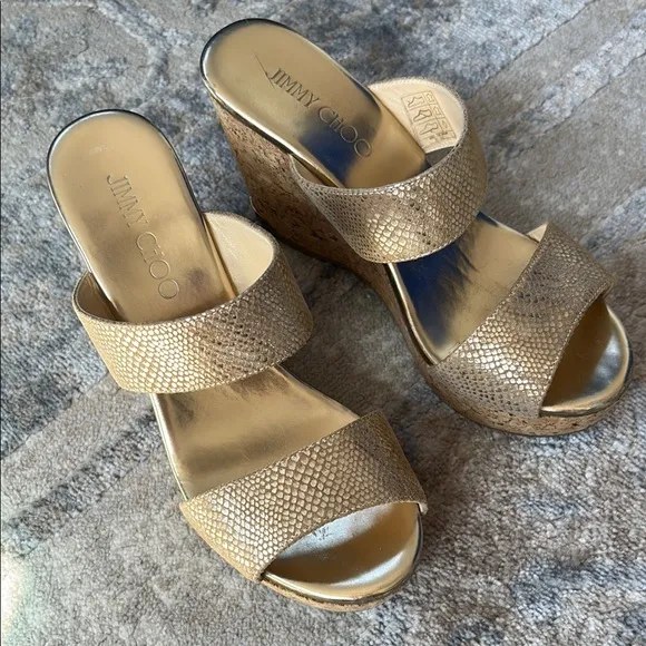 Jimmy Choo - Parker 100 Metallic Textured-leather Wedge Sandals - Gold size 37.5