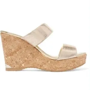 Jimmy Choo - Parker 100 Metallic Textured-leather Wedge Sandals - Gold size 37.5