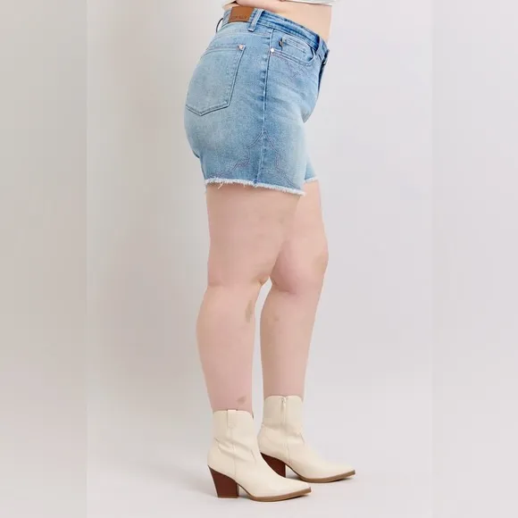 Judy Blue Full Size High Waist Western Embroidery Detail Cut Off Denim Shorts