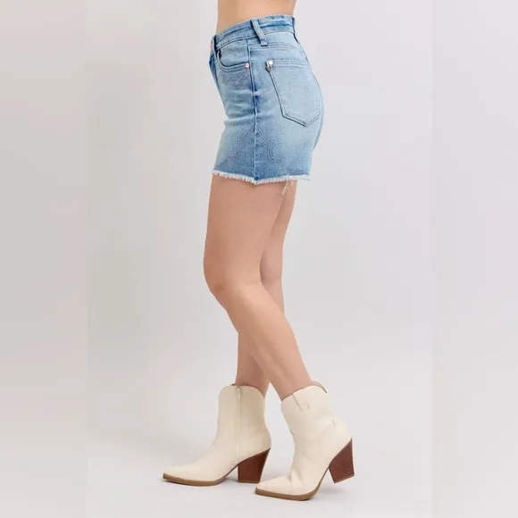 Judy Blue Full Size High Waist Western Embroidery Detail Cut Off Denim Shorts