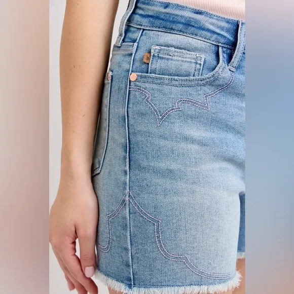 Judy Blue Full Size High Waist Western Embroidery Detail Cut Off Denim Shorts