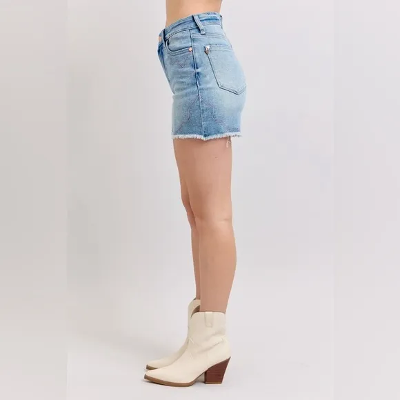 Judy Blue Full Size High Waist Western Embroidery Detail Cut Off Denim Shorts