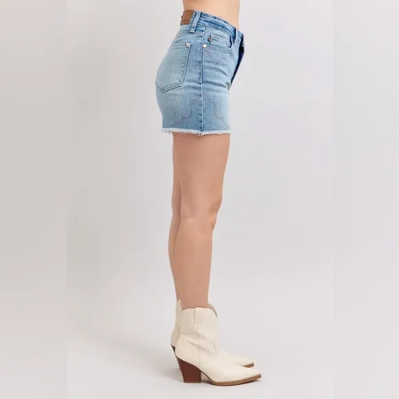 Judy Blue Full Size High Waist Western Embroidery Detail Cut Off Denim Shorts