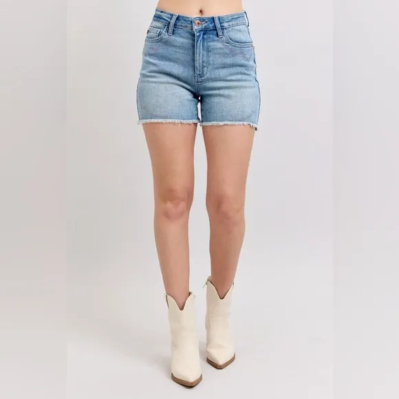 Judy Blue Full Size High Waist Western Embroidery Detail Cut Off Denim Shorts