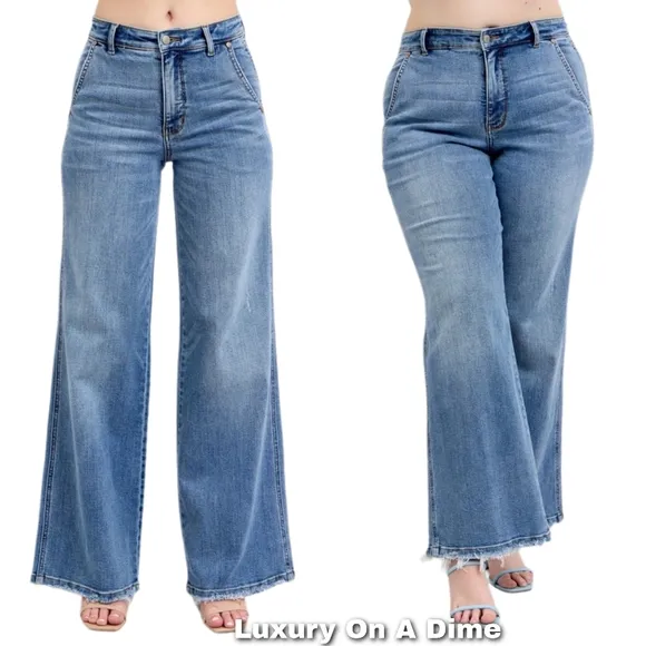Judy Blue High-Rise Pants Wide Leg Relaxed Fit Distressed Raw Hem Jeans Denim