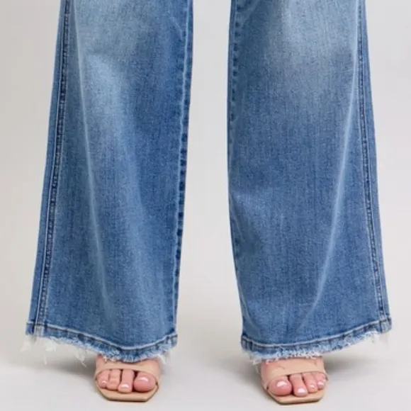 Judy Blue High-Rise Pants Wide Leg Relaxed Fit Distressed Raw Hem Jeans Denim