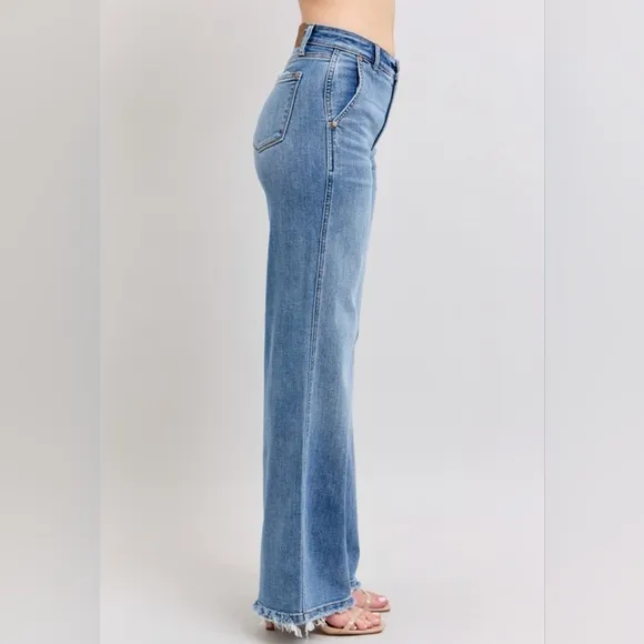 Judy Blue High-Rise Pants Wide Leg Relaxed Fit Distressed Raw Hem Jeans Denim