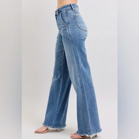 Judy Blue High-Rise Pants Wide Leg Relaxed Fit Distressed Raw Hem Jeans Denim