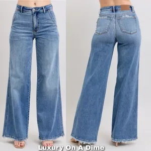 Judy Blue High-Rise Pants Wide Leg Relaxed Fit Distressed Raw Hem Jeans Denim