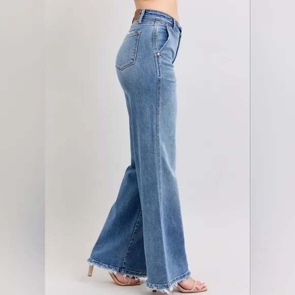 Judy Blue High-Rise Pants Wide Leg Relaxed Fit Distressed Raw Hem Jeans Denim