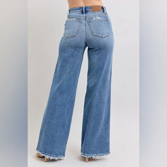Judy Blue High-Rise Pants Wide Leg Relaxed Fit Distressed Raw Hem Jeans Denim